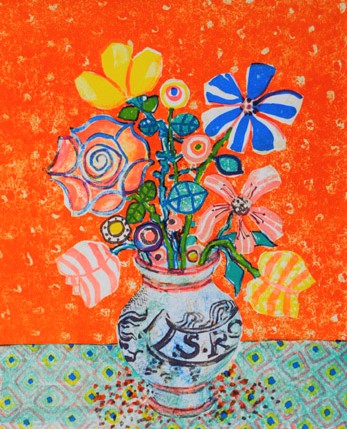 【専用】ポール・アイズピリ「緑背景の陶器の花瓶の花束」【作家直筆サイン】