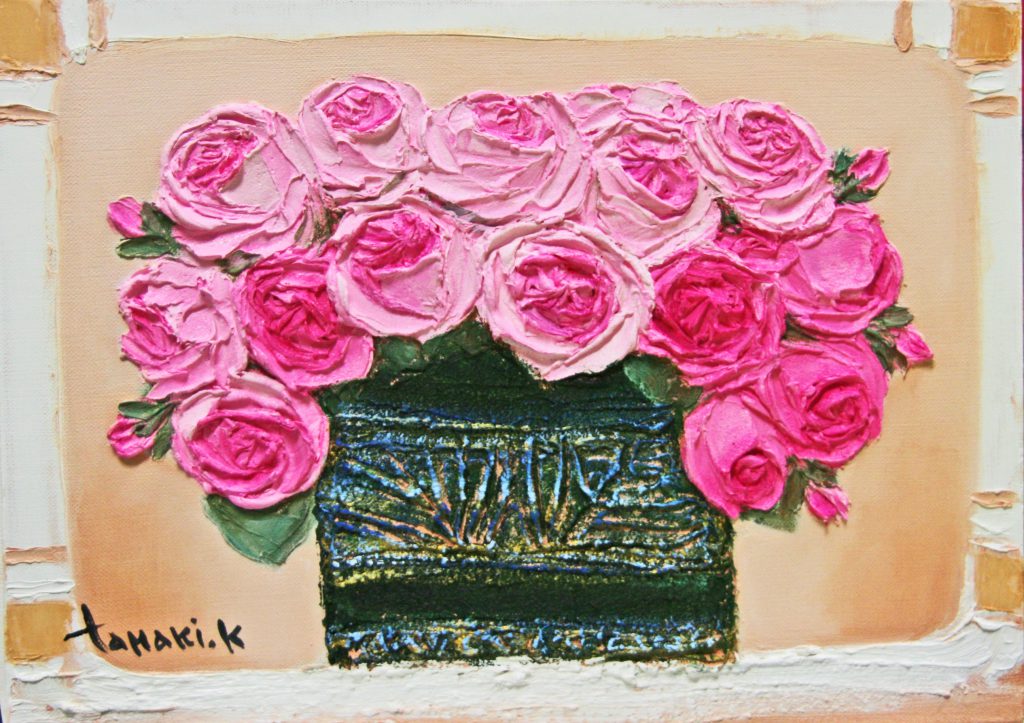 【真作】油彩画 勝部タマキ 青い鳥の花器 真作】油彩画 勝部タマキ 青い鳥の花器 真作】油彩画 勝部タマキ 青い